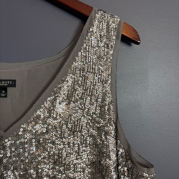 Talbots Silver Grey Sequin Sleeveless Shell Tank Top Blouse Plus Size 16 V Neck - Picture 7 of 12
